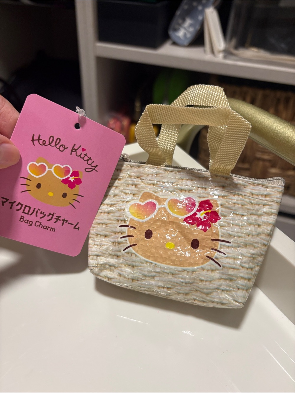Japan Hello Kitty Beige and Pink Straw Mini Tote Bag Charm